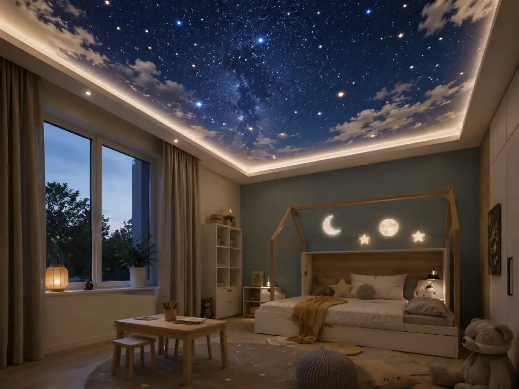 Bedruckte Spanndecke mit Sternenhimmel-Motiv im Kinderzimmer